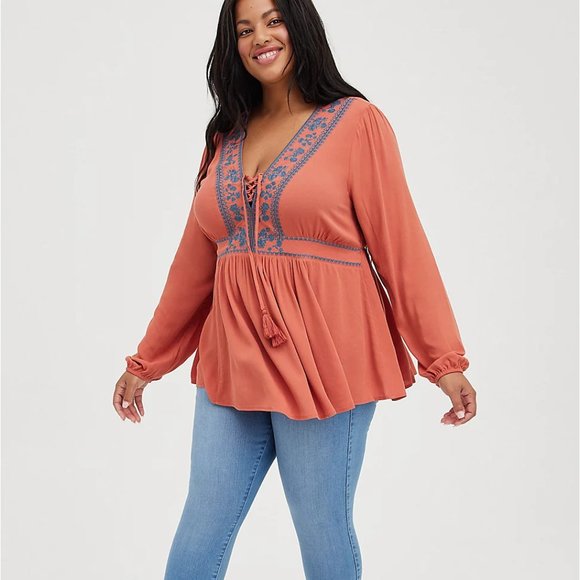 torrid Tops - Torrid  Babydoll Rayon Crepe Embroidered Lace-Up Top 4X